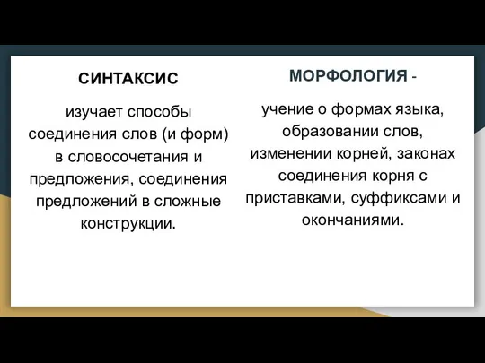 СИНТАКСИС изучает способы соединения слов (и форм) в словосочетания и предложения,