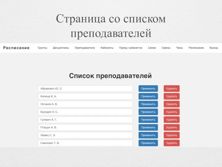 Страница со списком преподавателей