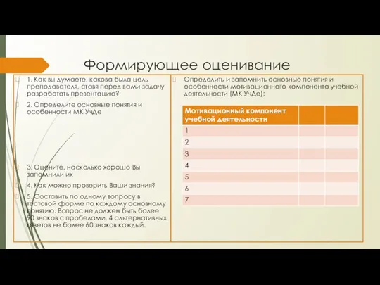 Формирующее оценивание 1. Как вы думаете, какова была цель преподавателя, ставя