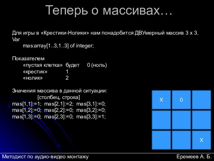 Теперь о массивах… Для игры в «Крестики-Нолики» нам понадобится ДВУмерный массив