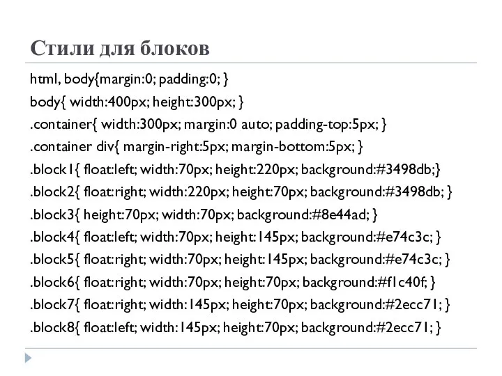 Стили для блоков html, body{margin:0; padding:0; } body{ width:400px; height:300px; }