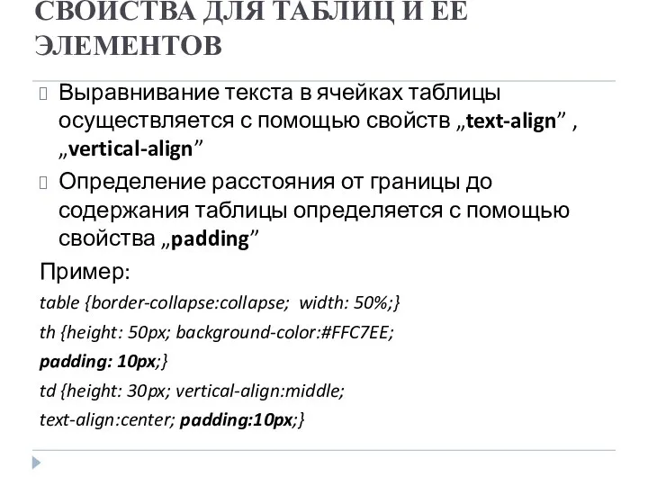 СВОЙСТВА ДЛЯ ТАБЛИЦ И ЕЕ ЭЛЕМЕНТОВ Выравнивание текста в ячейках таблицы