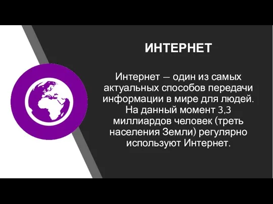 ИНТЕРНЕТ Интернет — один из самых актуальных способов передачи информации в