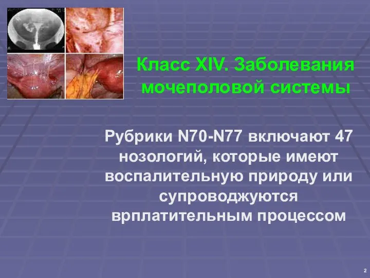 Класс XIV. Заболевания мочеполовой системы Рубрики N70-N77 включают 47 нозологий, которые