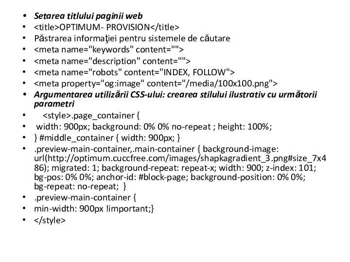 Setarea titlului paginii web OPTIMUM- PROVISION Păstrarea informaţiei pentru sistemele de