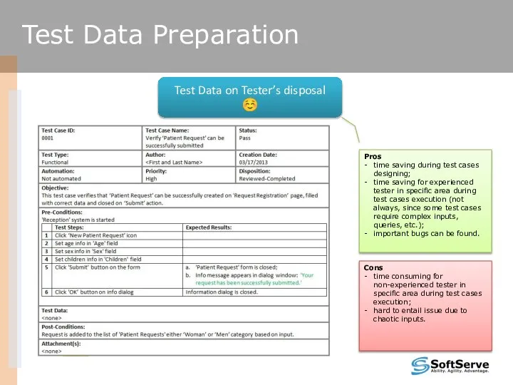 Test Data on Tester’s disposal ☺ Pros time saving during test