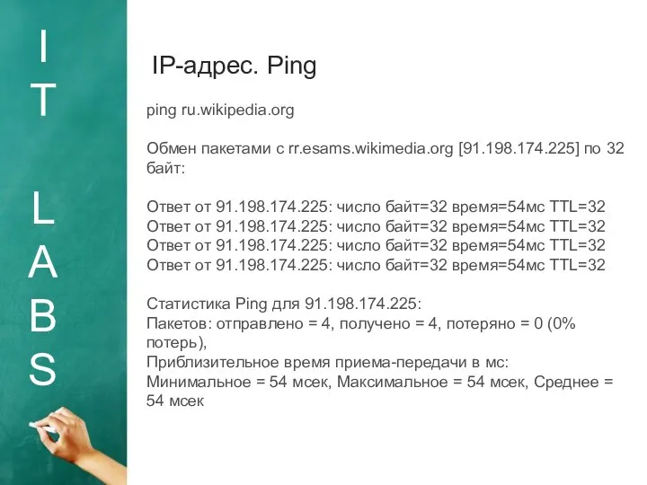 I T L A B S IP-адрес. Ping ping ru.wikipedia.org Обмен