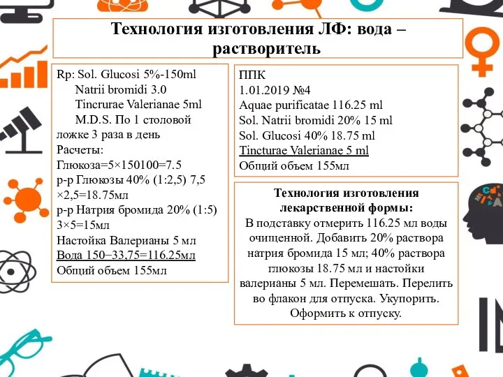 Технология изготовления ЛФ: вода – растворитель Rp: Sol. Glucosi 5%-150ml Natrii