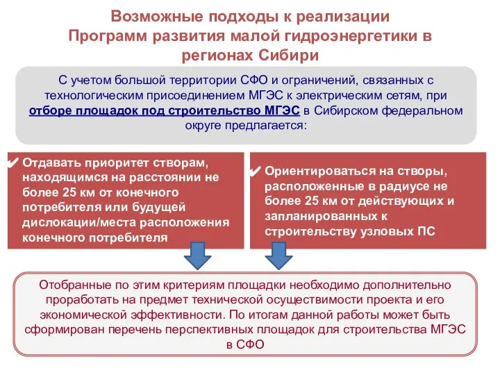 Возможные подходы к реализации Программ развития малой гидроэнергетики в регионах Сибири