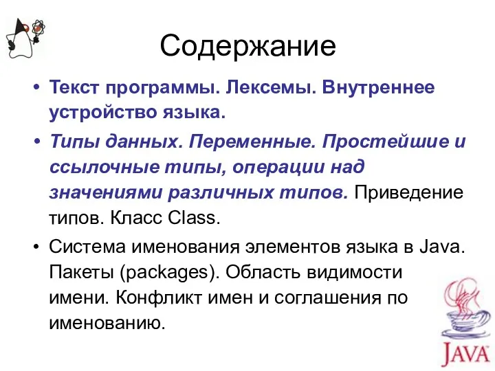 Содержание Текст программы. Лексемы. Внутреннее устройство языка. Типы данных. Переменные. Простейшие