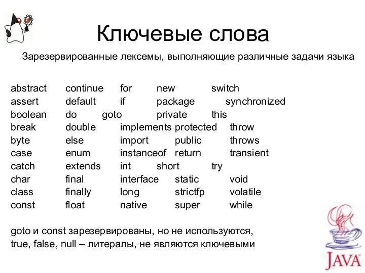 Ключевые слова abstract continue for new switch assert default if package