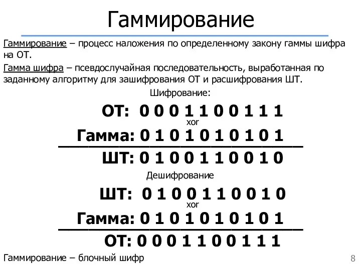 Гаммирование Гаммирование – процесс наложения по определенному закону гаммы шифра на