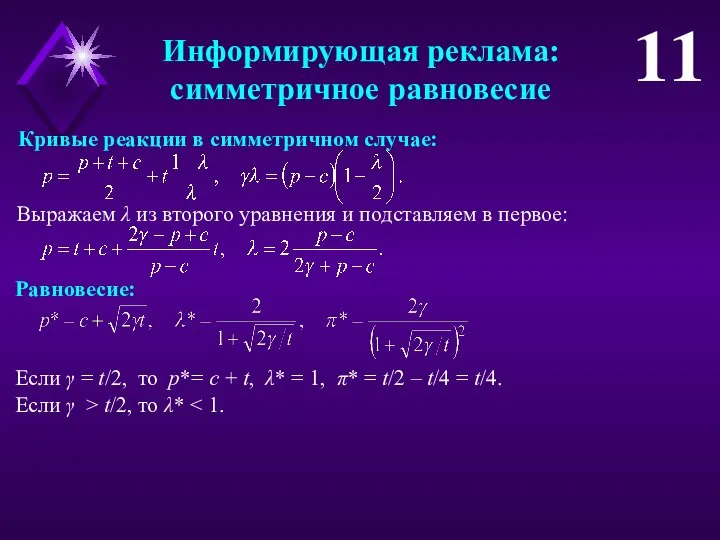 Информирующая реклама: симметричное равновесие 11 Равновесие: Если γ = t/2, то