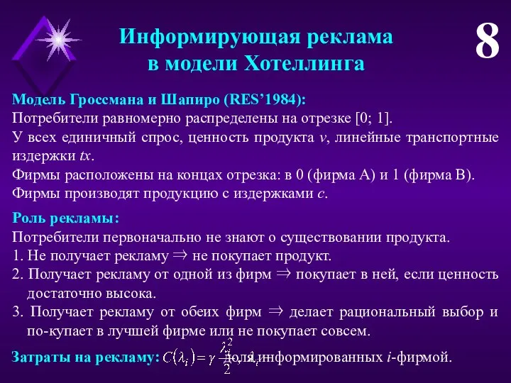 Информирующая реклама в модели Хотеллинга 8 Модель Гроссмана и Шапиро (RES’1984):