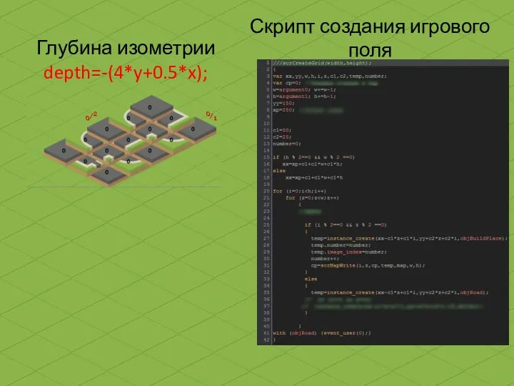 Глубина изометрии depth=-(4*y+0.5*x); Скрипт создания игрового поля