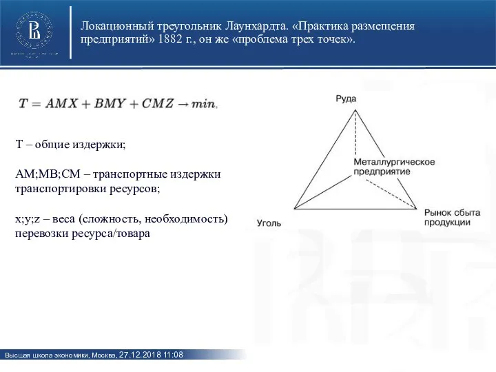 Локационный треугольник Лаунхардта. «Практика размещения предприятий» 1882 г., он же «проблема