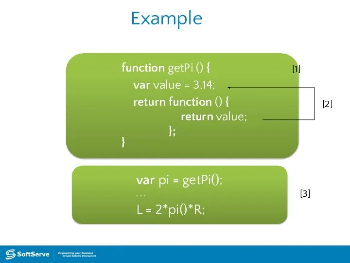 Example function getPi () { var value = 3.14; return function