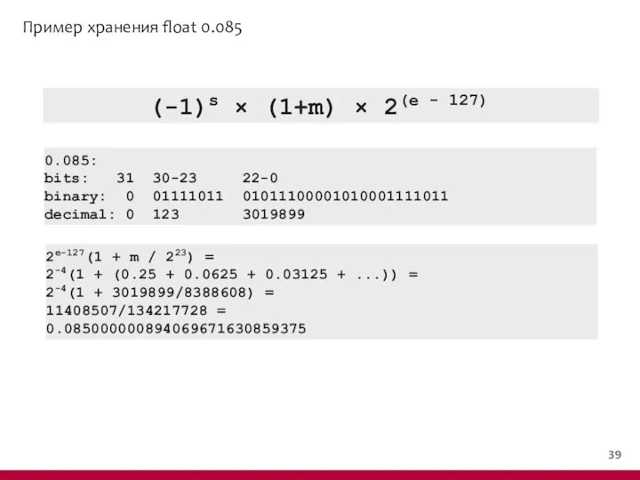 Пример хранения float 0.085 (-1)s × (1+m) × 2(e - 127)