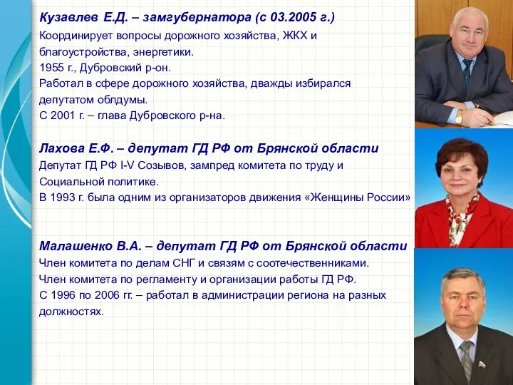 Кузавлев Е.Д. – замгубернатора (с 03.2005 г.) Координирует вопросы дорожного хозяйства,