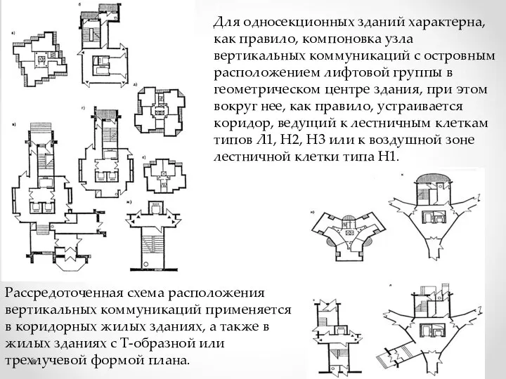 Для односекционных зданий характерна, как правило, компоновка узла вертикальных коммуникаций с