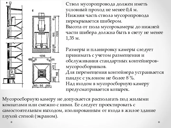 Ствол мусоропровода должен иметь условный проход не менее 0,4 м. Нижняя