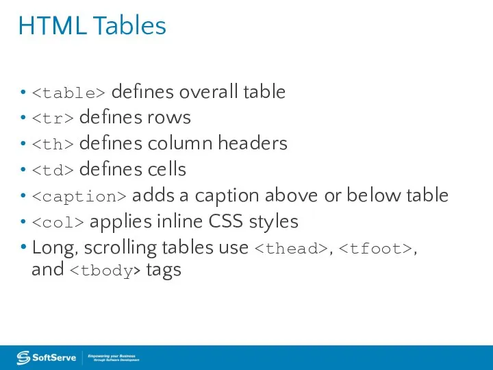 HTML Tables defines overall table defines rows defines column headers defines