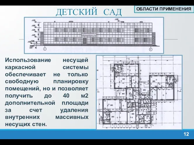 ДЕТСКИЙ САД ОБЛАСТИ ПРИМЕНЕНИЯ Использование несущей каркасной системы обеспечивает не только