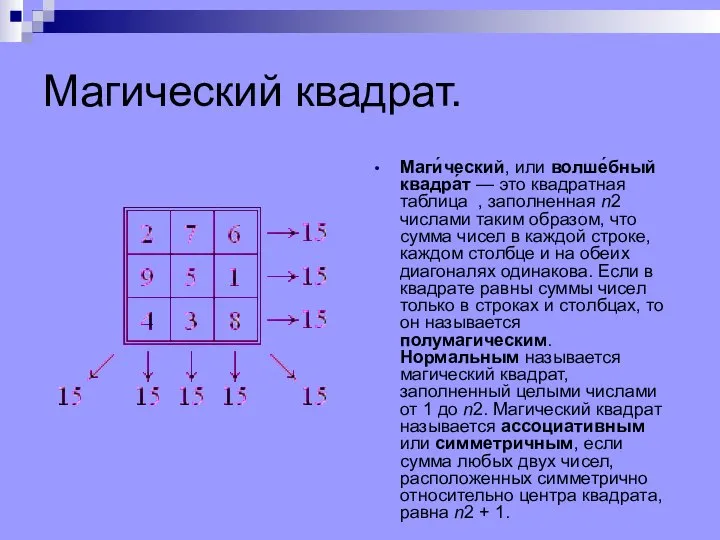 Магический квадрат. Маги́ческий, или волше́бный квадра́т — это квадратная таблица ,