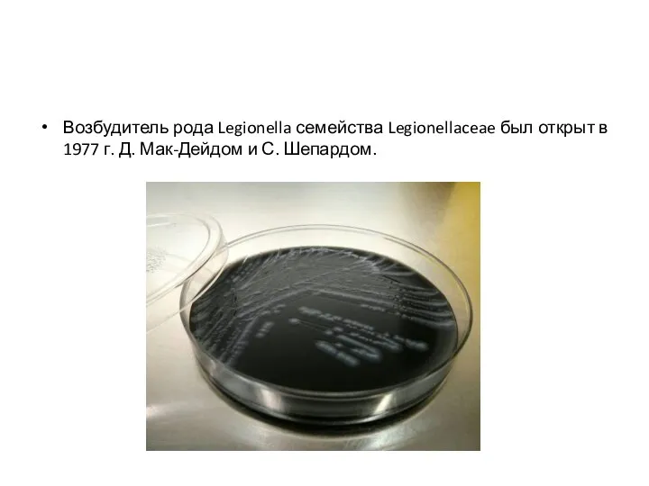 Возбудитель рода Legionella семейства Legionellaceae был открыт в 1977 г. Д. Мак-Дейдом и С. Шепардом.