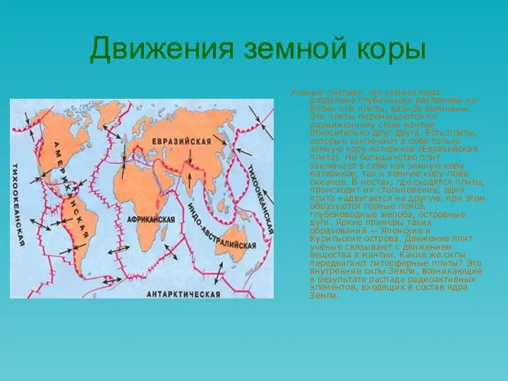 Движения земной коры Ученые считают, что земная кора разделена глубинными разломами