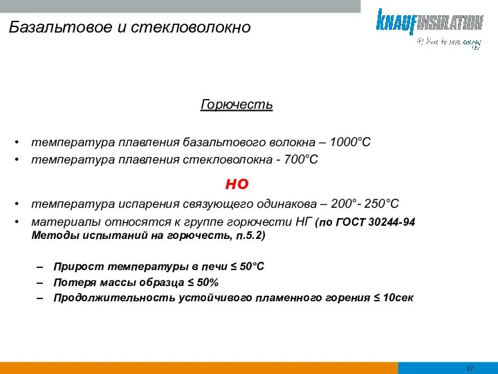 Базальтовое и стекловолокно Горючесть температура плавления базальтового волокна – 1000°С температура