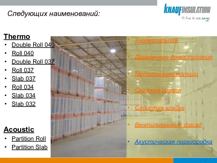 Следующих наименований: Acoustic Partition Roll Partition Slab Thermo Double Roll 040