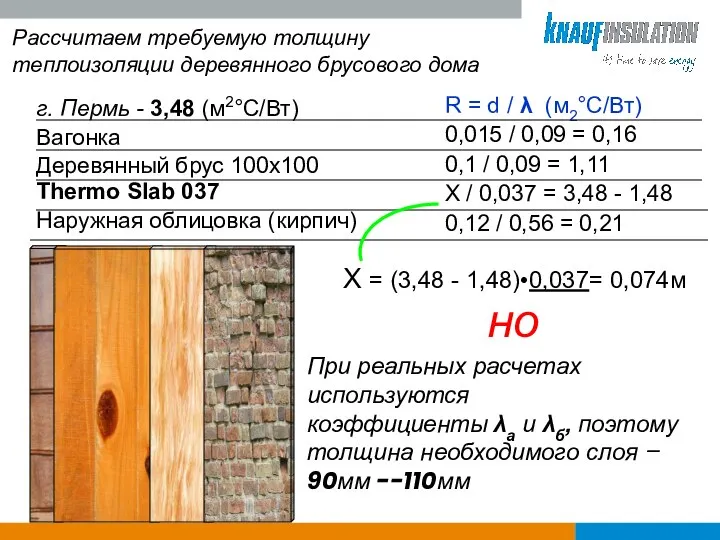 Рассчитаем требуемую толщину теплоизоляции деревянного брусового дома г. Пермь - 3,48