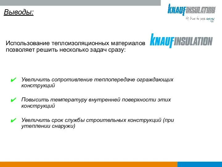 Выводы: Увеличить сопротивление теплопередаче ограждающих конструкций Повысить температуру внутренней поверхности этих