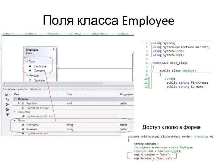 Поля класса Employee Доступ к полю в форме