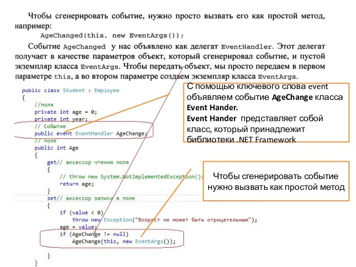 С помощью ключевого слова event объявляем событие AgeChange класса Event Hander.