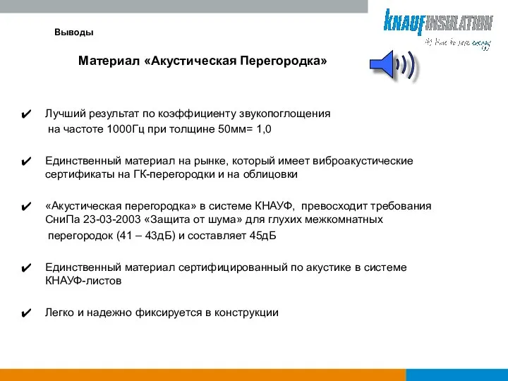 Выводы Материал «Акустическая Перегородка» Лучший результат по коэффициенту звукопоглощения на частоте