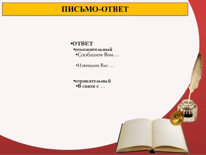 ПИСЬМО-ОТВЕТ ОТВЕТ положительный Сообщаем Вам… Извещаем Вас … отрицательный В связи с …