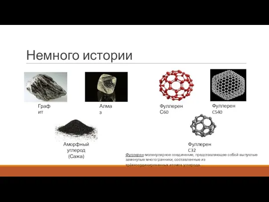 Немного истории Графит Алмаз Аморфный углерод (Сажа) Фуллерен С60 Фуллерен-молекулярное соединение,