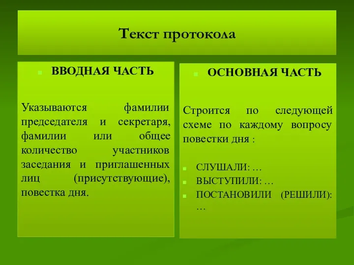 Текст протокола ВВОДНАЯ ЧАСТЬ Указываются фамилии председателя и секретаря, фамилии или