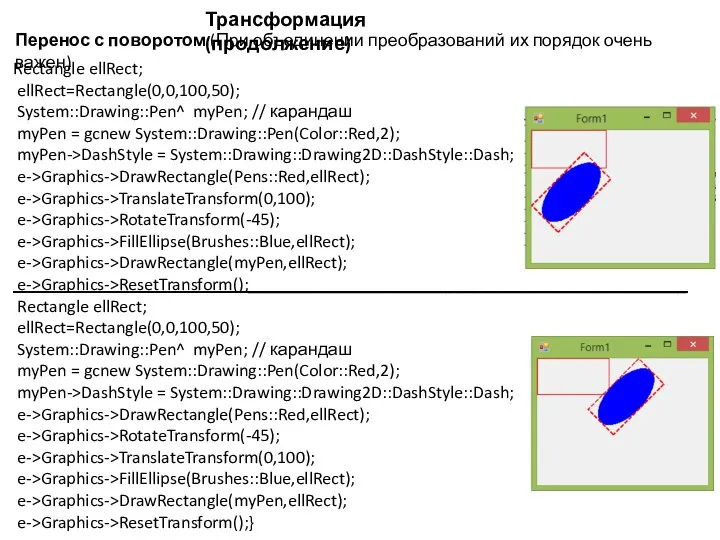 Rectangle ellRect; ellRect=Rectangle(0,0,100,50); System::Drawing::Pen^ myPen; // карандаш myPen = gcnew System::Drawing::Pen(Color::Red,2);