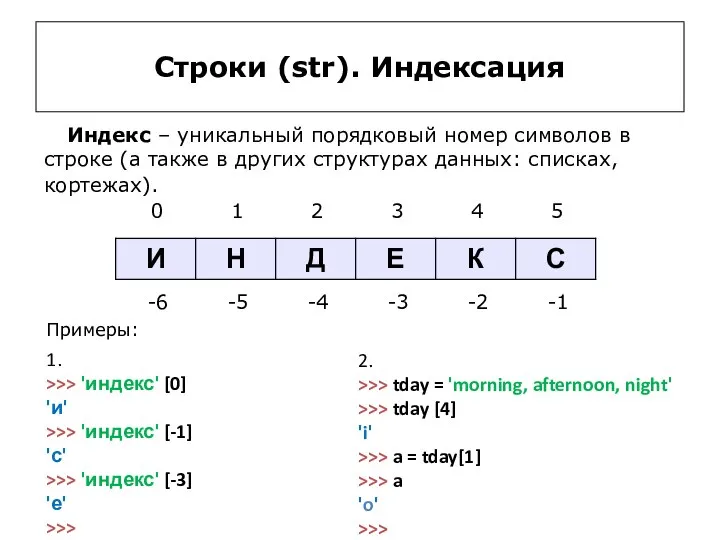 Строки (str). Индексация Индекс – уникальный порядковый номер символов в строке