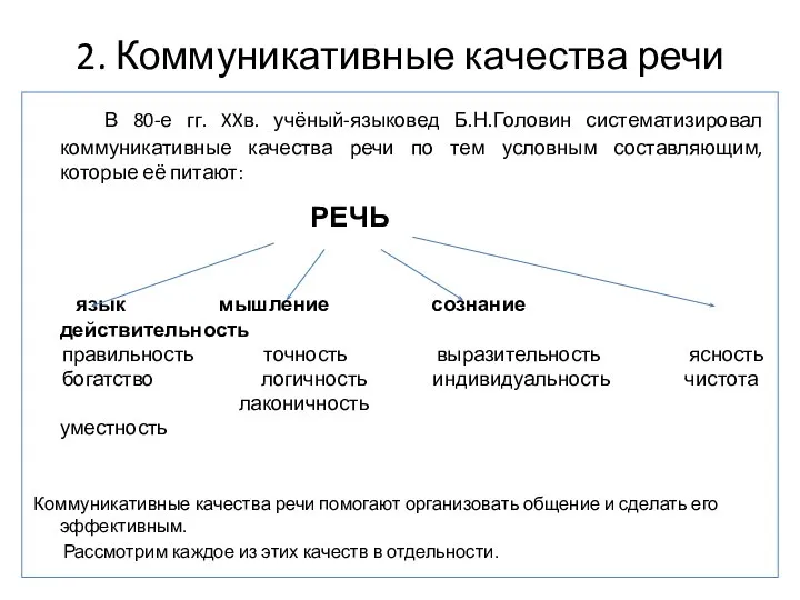 2. Коммуникативные качества речи В 80-е гг. XXв. учёный-языковед Б.Н.Головин систематизировал