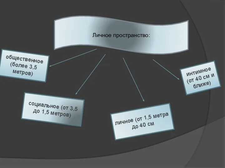 Личное пространство: общественное (более 3,5 метров) социальное (от 3,5 до 1,5