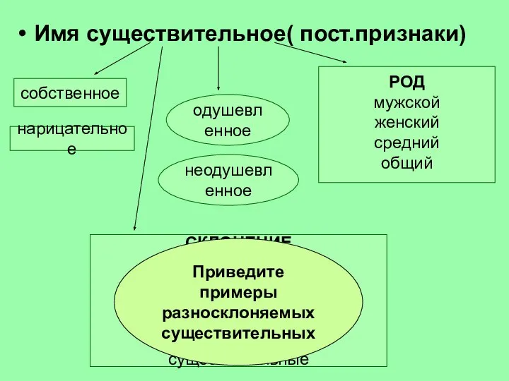 Имя существительное( пост.признаки) собственное нарицательное одушевленное неодушевленное РОД мужской женский средний