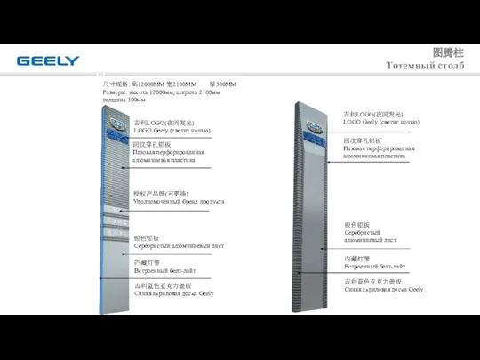 图腾柱 Тотемный столб 吉利LOGO(夜间发光) LOGO Geely (светит ночью) 回纹穿孔铝板 Пазовая перфорированная