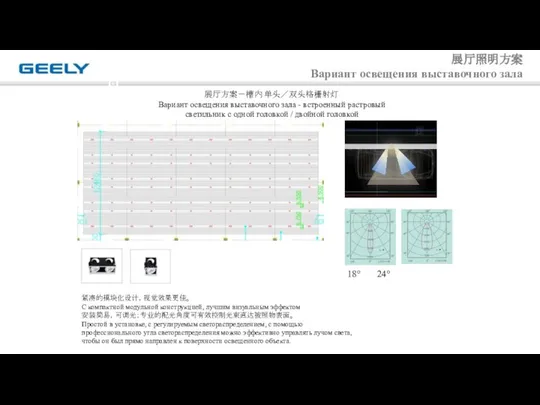 展厅照明方案 Вариант освещения выставочного зала 展厅方案－槽内单头／双头格栅射灯 Вариант освещения выставочного зала -