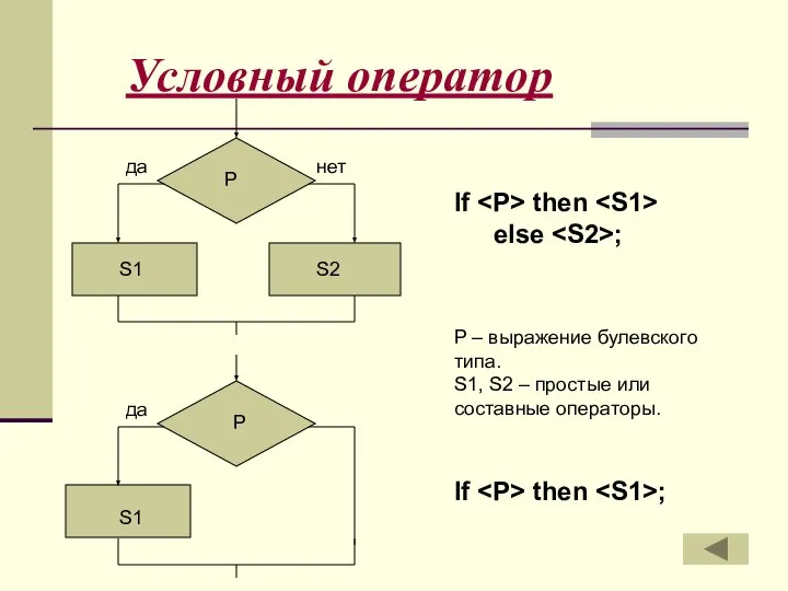 Условный оператор да P If then else ; If then ;