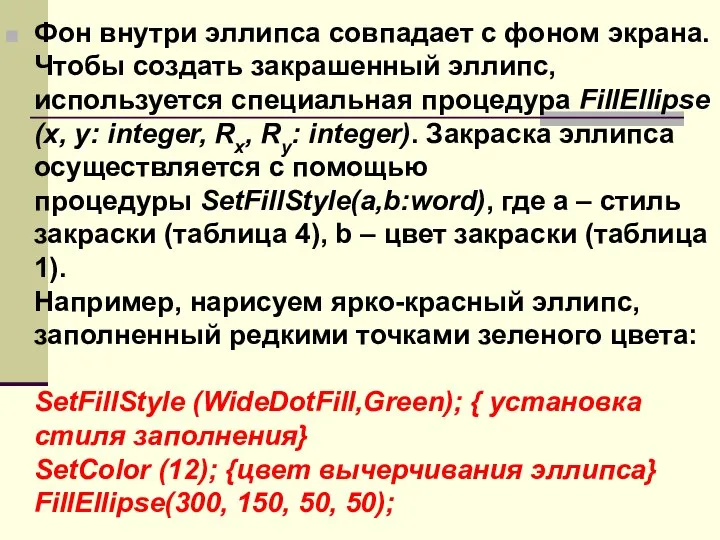 Фон внутри эллипса совпадает с фоном экрана. Чтобы создать закрашенный эллипс,