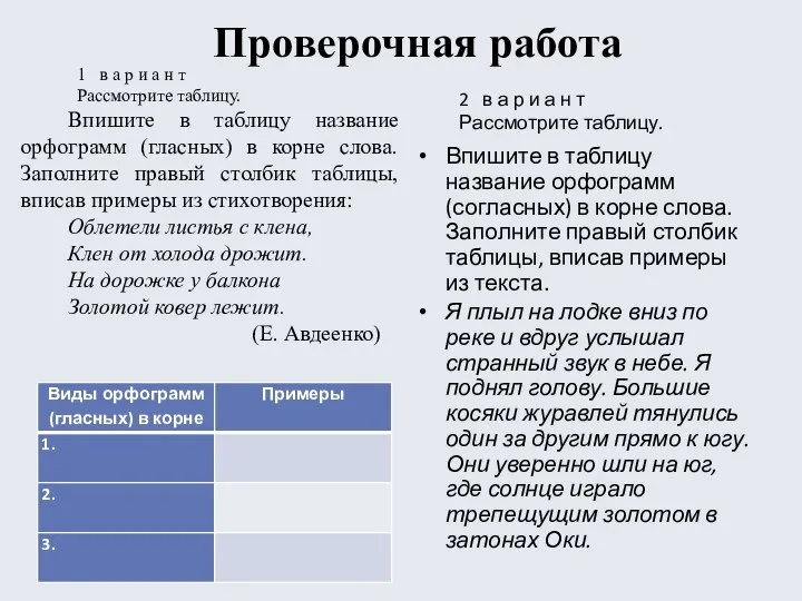 Проверочная работа Впишите в таблицу название орфограмм (согласных) в корне слова.